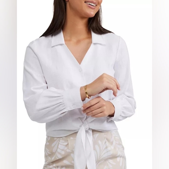 Linen Button Down Tie Front Crop Beach Shirt. Size Large Coastal Grandma - Picture 1 of 10